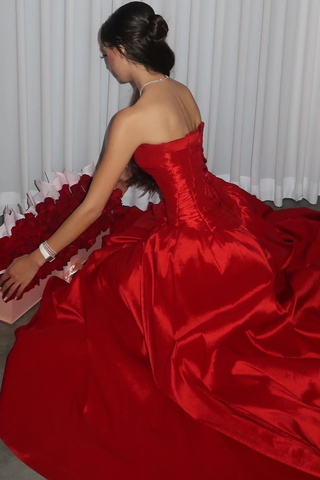 Beautiful Red Strapless Slit Party Evening Dress Formal Satin A Line Prom Dress Y8170