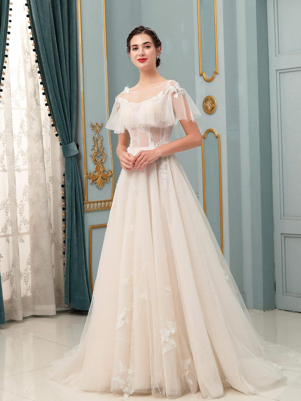 Vestidos de novia de tul con apliques de encaje y corte A, largo hasta el suelo, manga corta 