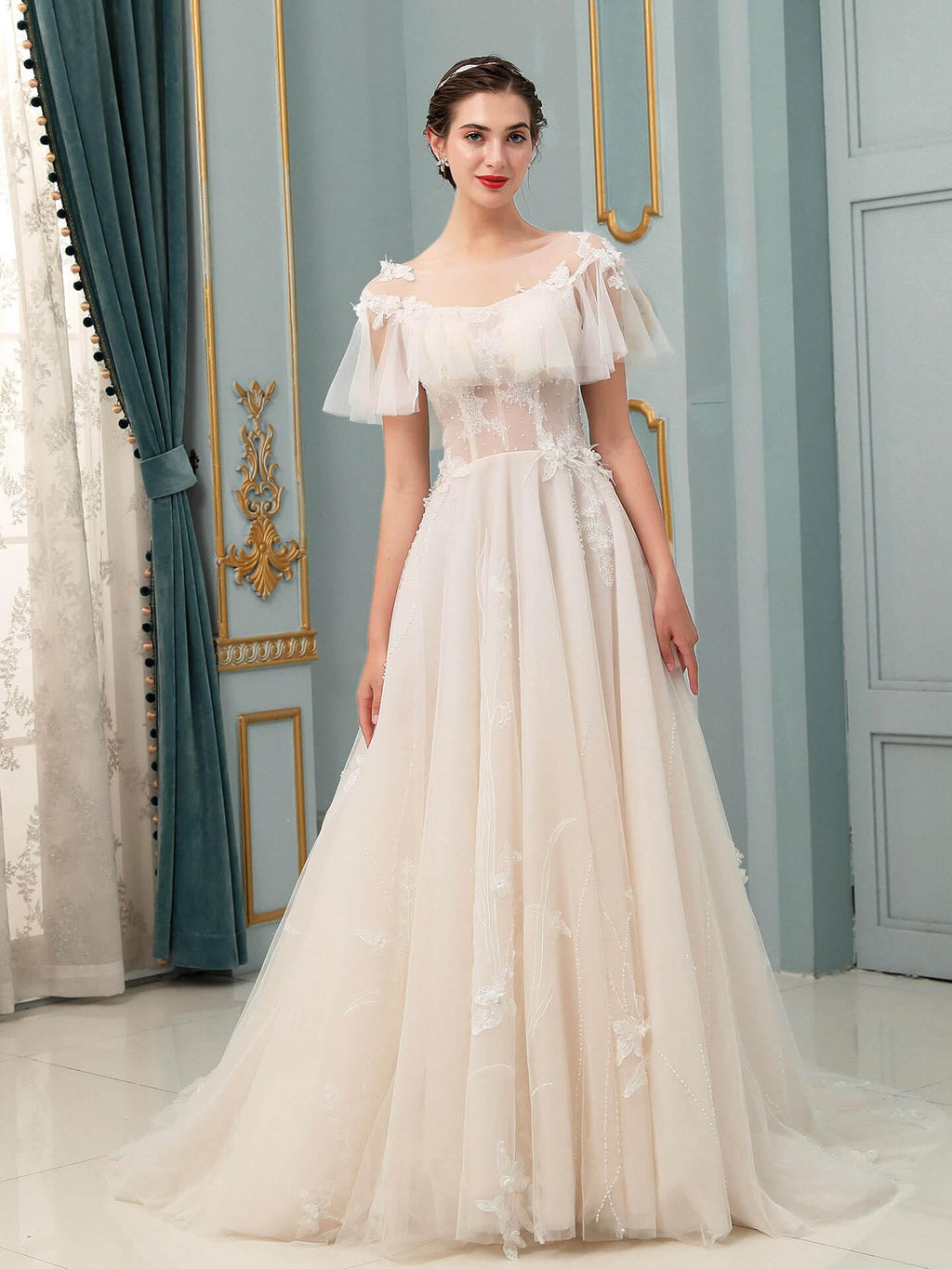 Vestidos de novia de tul con apliques de encaje y corte A, largo hasta el suelo, manga corta 