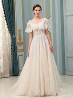 Vestidos de novia de tul con apliques de encaje y corte A, largo hasta el suelo, manga corta 
