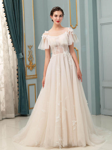 Robe de mariée trapèze en tulle et dentelle avec appliques, longueur au sol, manches courtes 