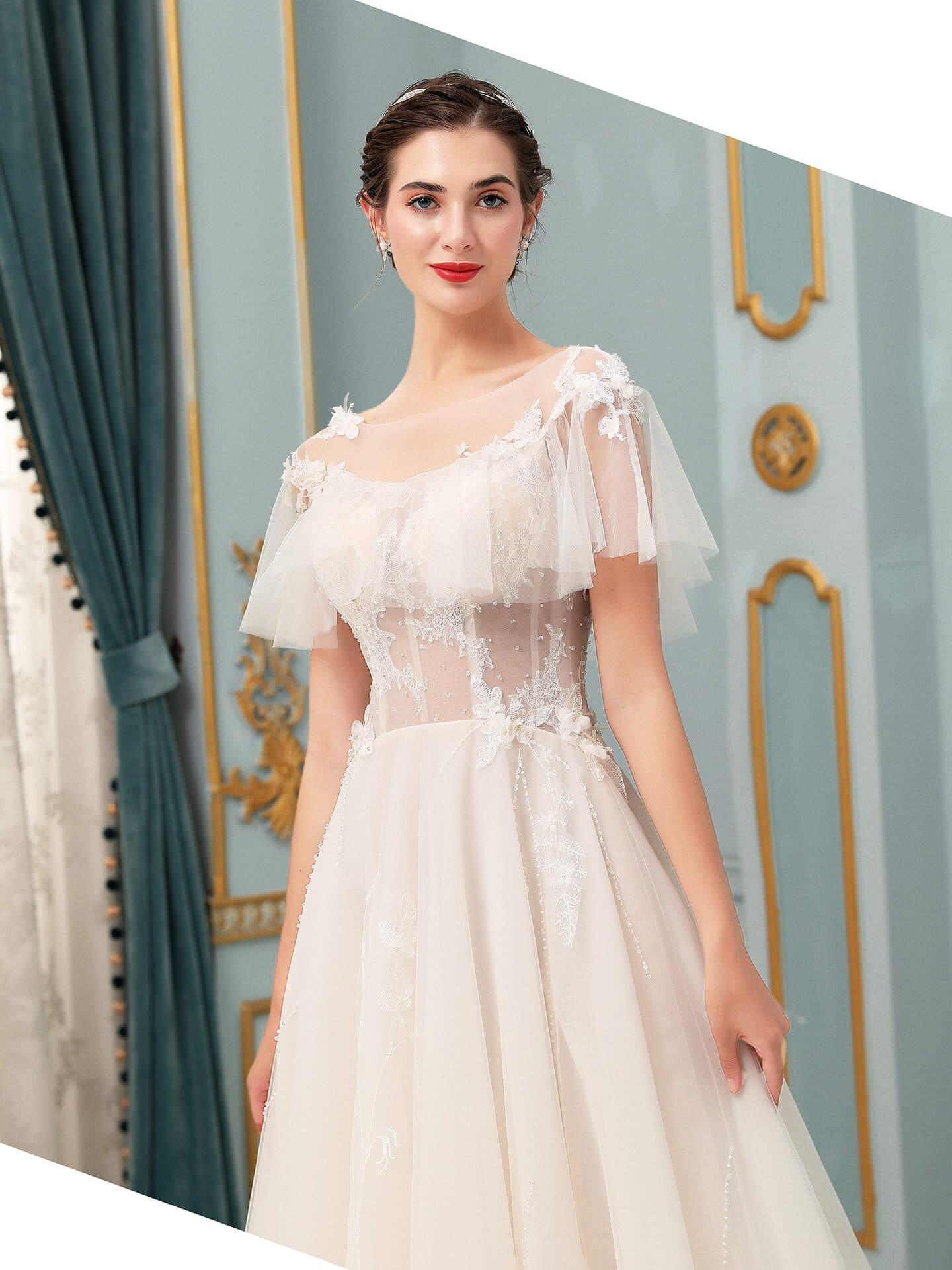 Vestidos de novia de tul con apliques de encaje y corte A, largo hasta el suelo, manga corta 