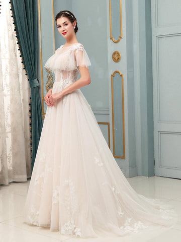 Robe de mariée trapèze en tulle et dentelle avec appliques, longueur au sol, manches courtes 