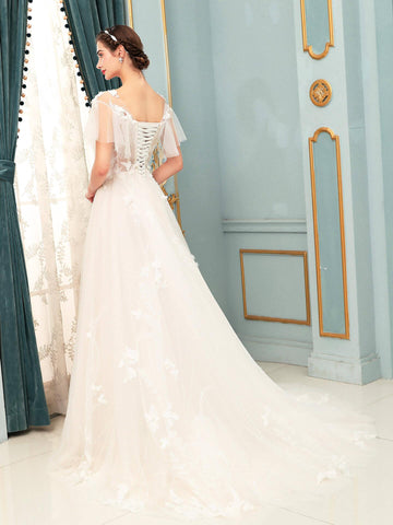 Robe de mariée trapèze en tulle et dentelle avec appliques, longueur au sol, manches courtes 