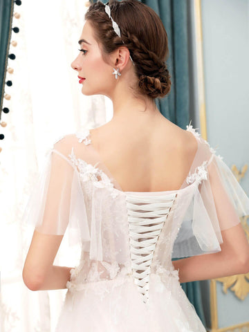 Robe de mariée trapèze en tulle et dentelle avec appliques, longueur au sol, manches courtes 