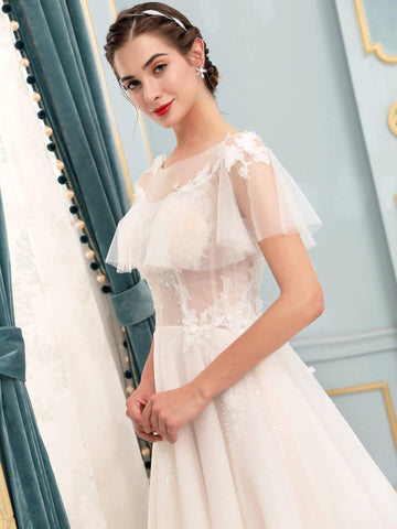 Robe de mariée trapèze en tulle et dentelle avec appliques, longueur au sol, manches courtes 