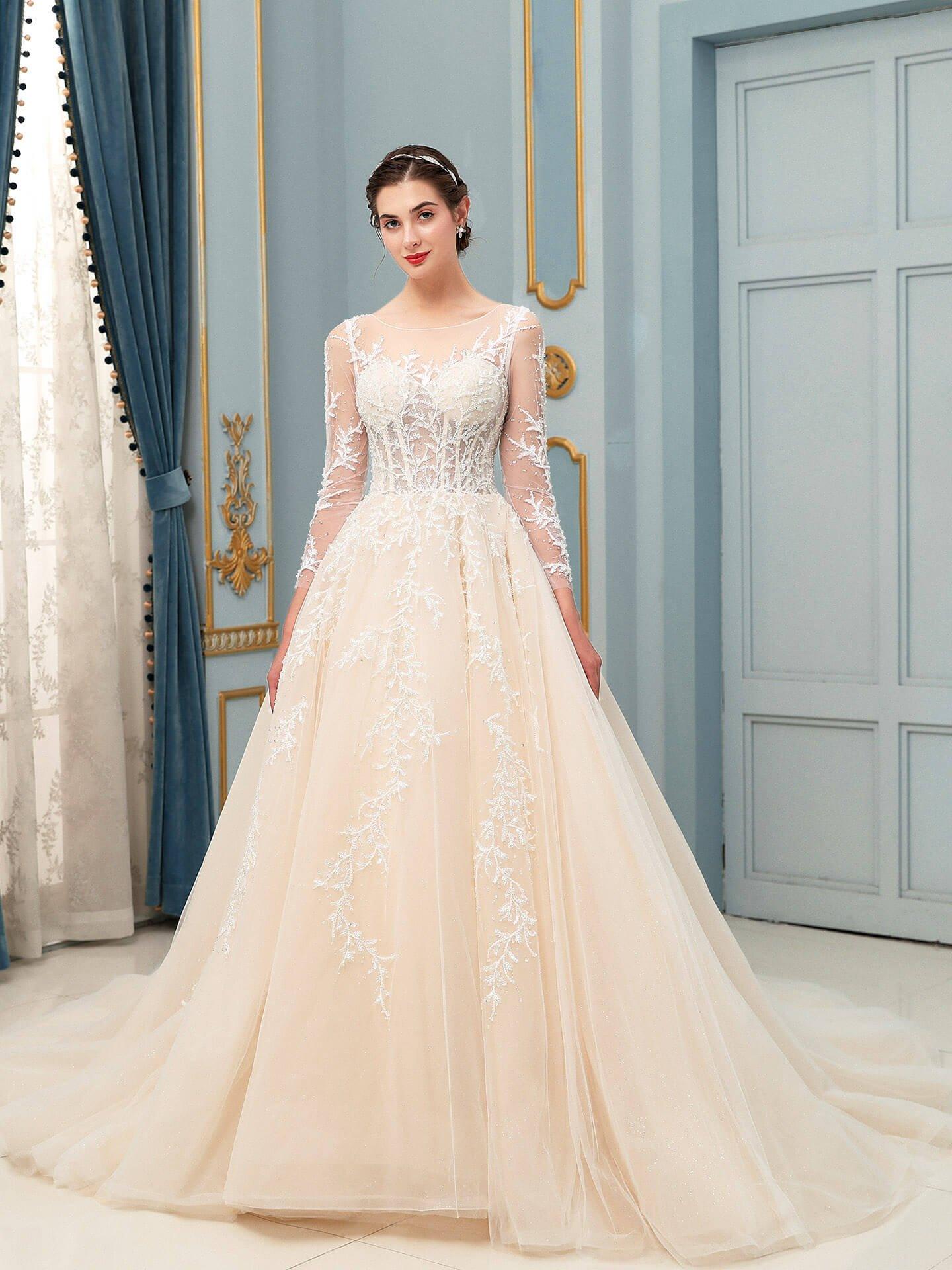 Vestidos de novia de tul con apliques de encaje y cuentas, lujosos, largos hasta el suelo, manga larga 
