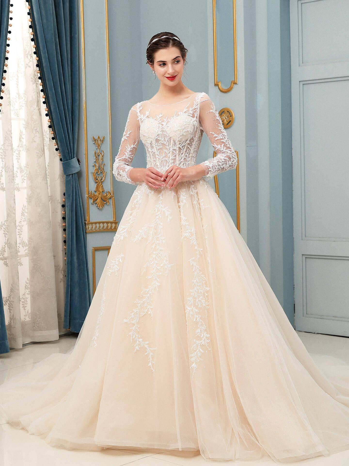 Vestidos de novia de tul con apliques de encaje y cuentas, lujosos, largos hasta el suelo, manga larga 