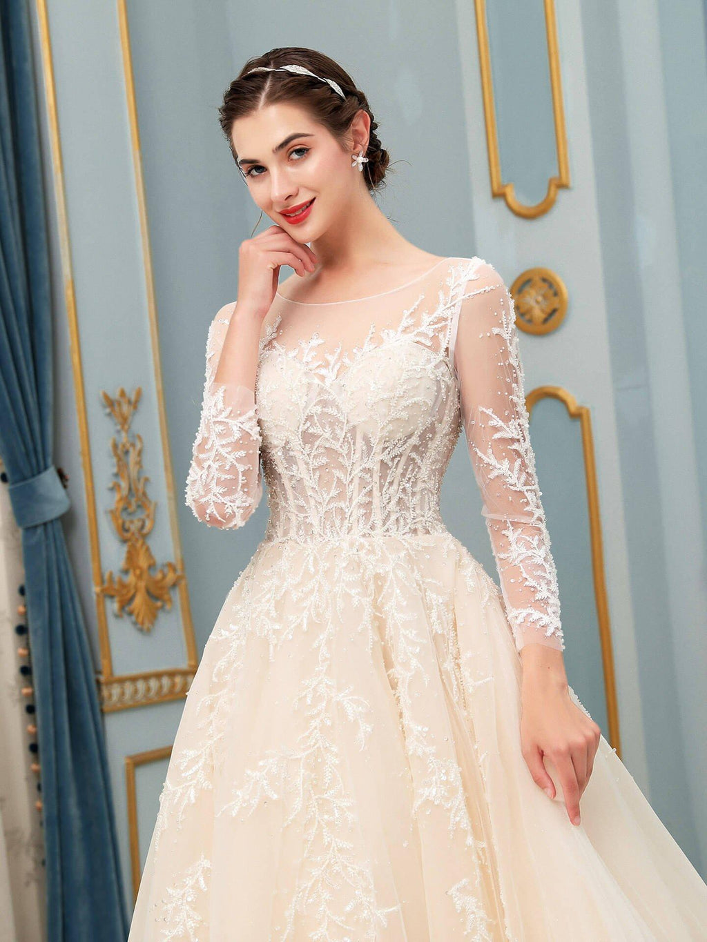 Vestidos de novia de tul con apliques de encaje y cuentas, lujosos, largos hasta el suelo, manga larga 