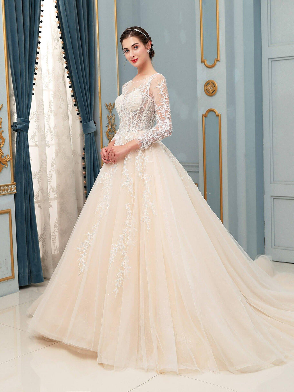 Vestidos de novia de tul con apliques de encaje y cuentas, lujosos, largos hasta el suelo, manga larga 