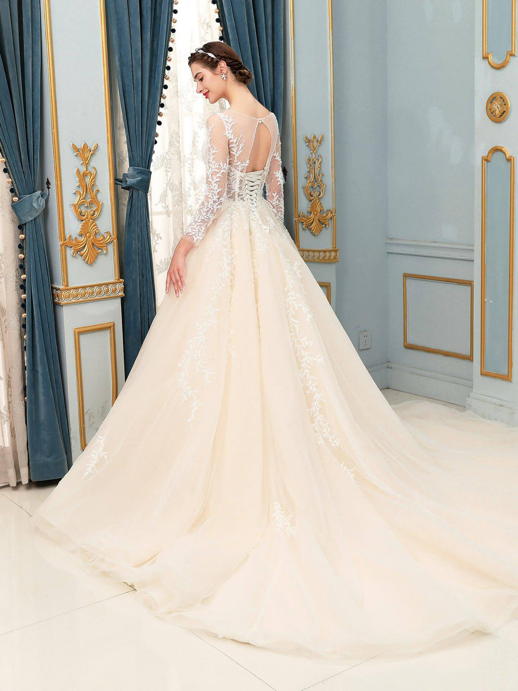 Vestidos de novia de tul con apliques de encaje y cuentas, lujosos, largos hasta el suelo, manga larga 