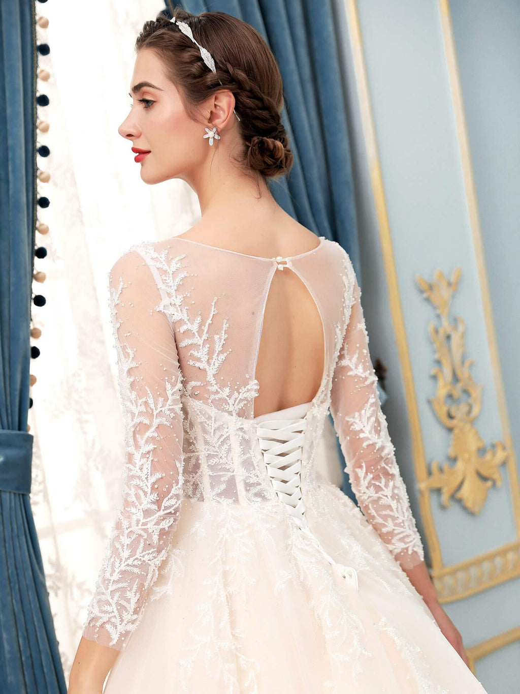 Vestidos de novia de tul con apliques de encaje y cuentas, lujosos, largos hasta el suelo, manga larga 