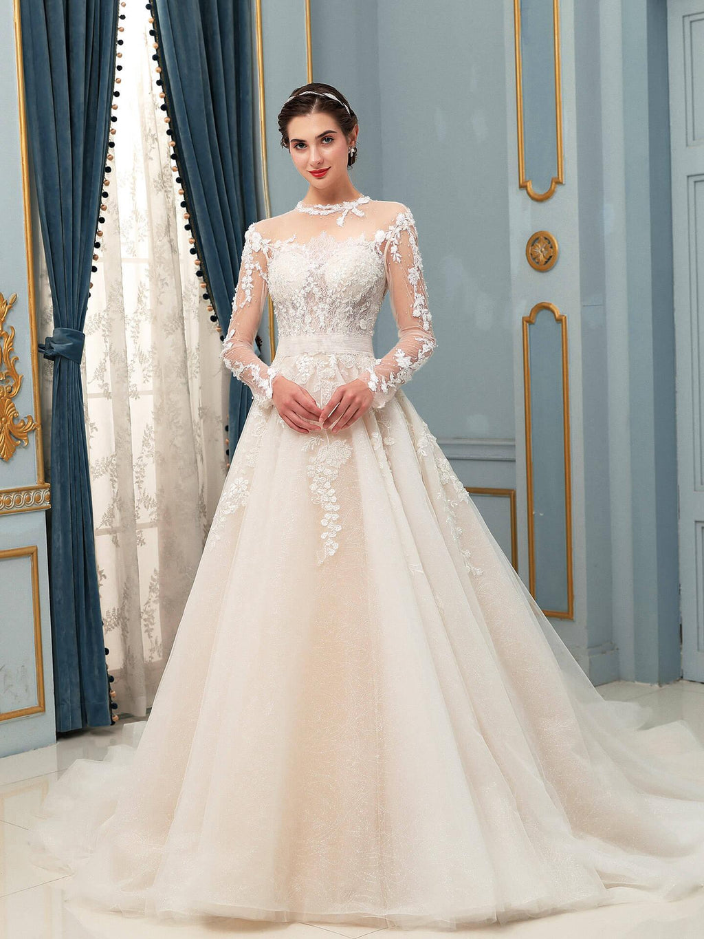 Vestidos de novia de tul con apliques de encaje y cuentas, lujosos, largos hasta el suelo, manga larga 