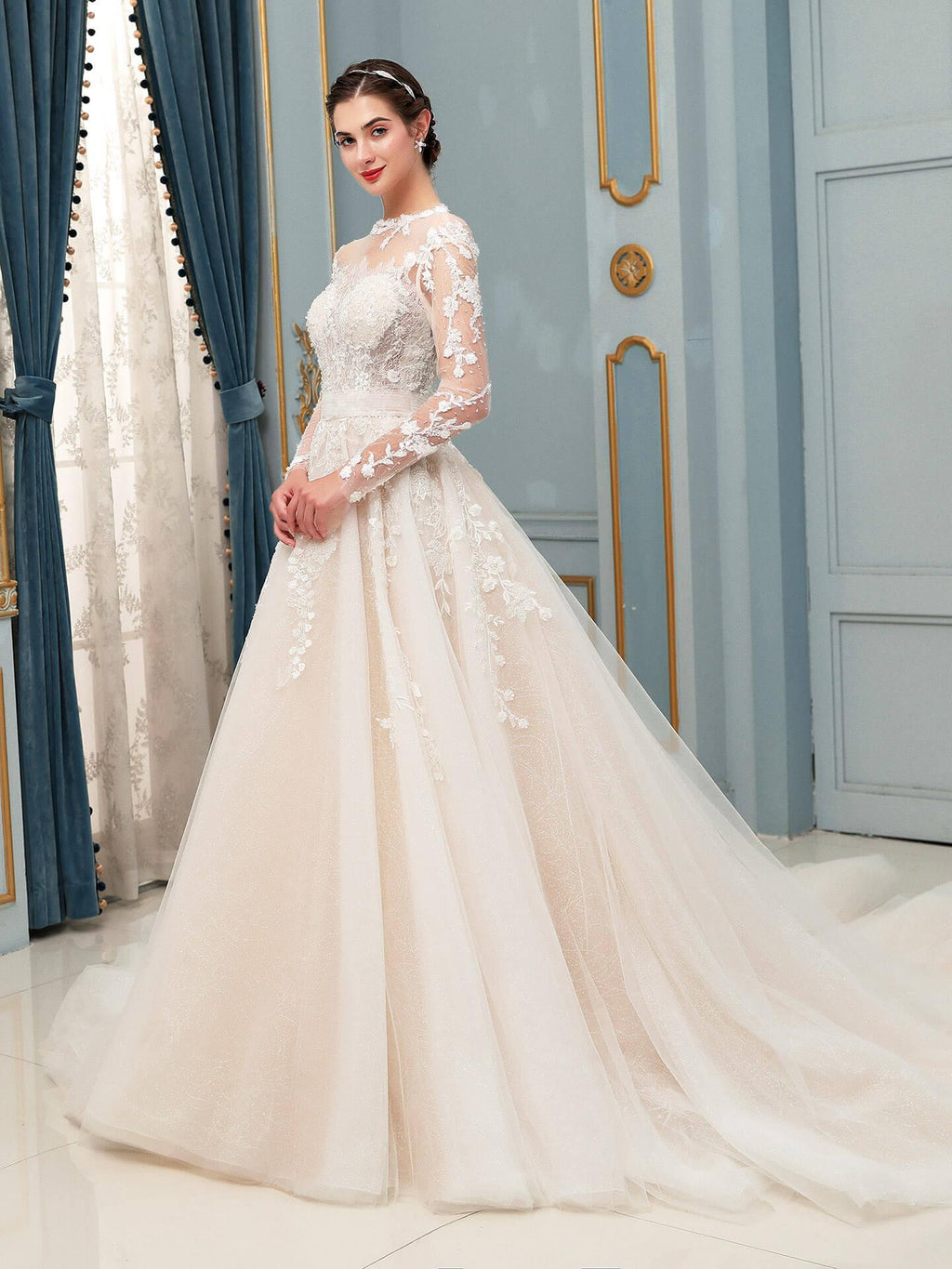 Vestidos de novia de tul con apliques de encaje y cuentas, lujosos, largos hasta el suelo, manga larga 