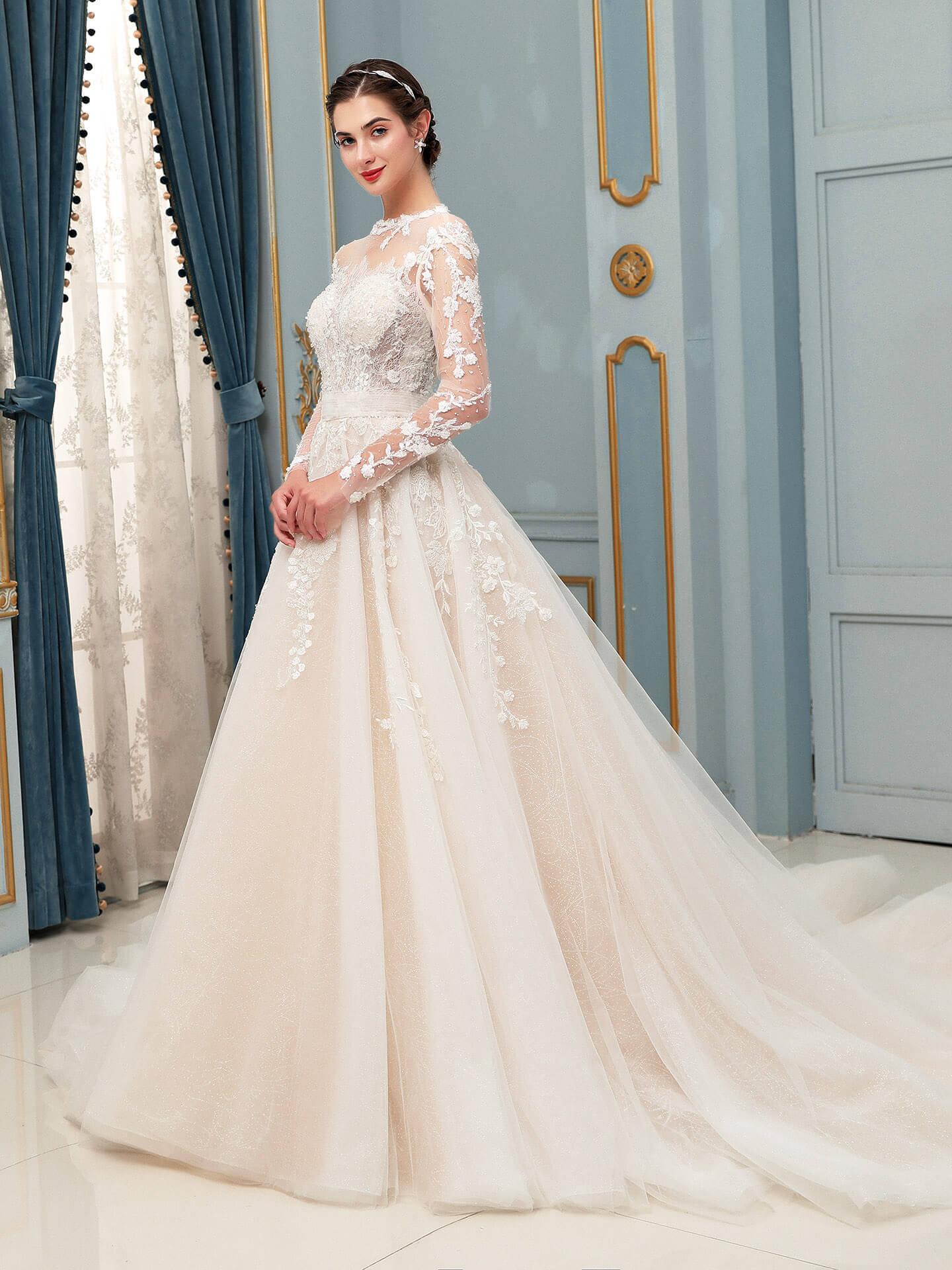 Vestidos de novia de tul con apliques de encaje y cuentas, lujosos, largos hasta el suelo, manga larga 