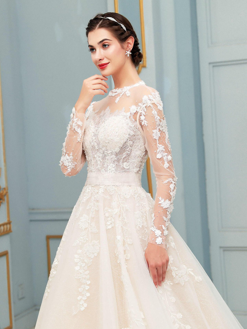 Vestidos de novia de tul con apliques de encaje y cuentas, lujosos, largos hasta el suelo, manga larga 