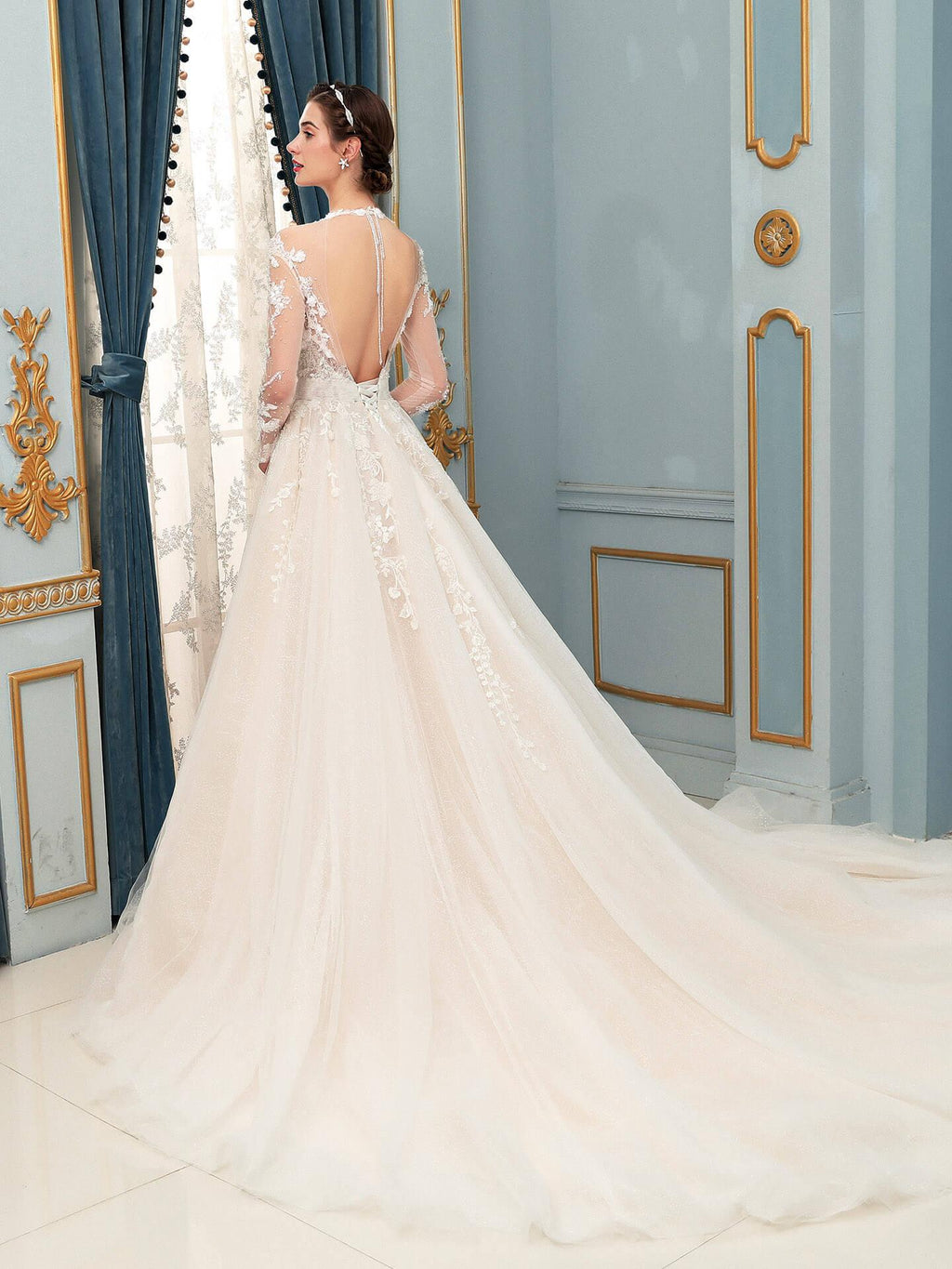 Vestidos de novia de tul con apliques de encaje y cuentas, lujosos, largos hasta el suelo, manga larga 