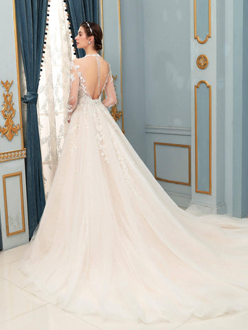 Robe de mariée trapèze en tulle et dentelle, luxueuse, avec appliques et perles, longueur au sol, manches longues 