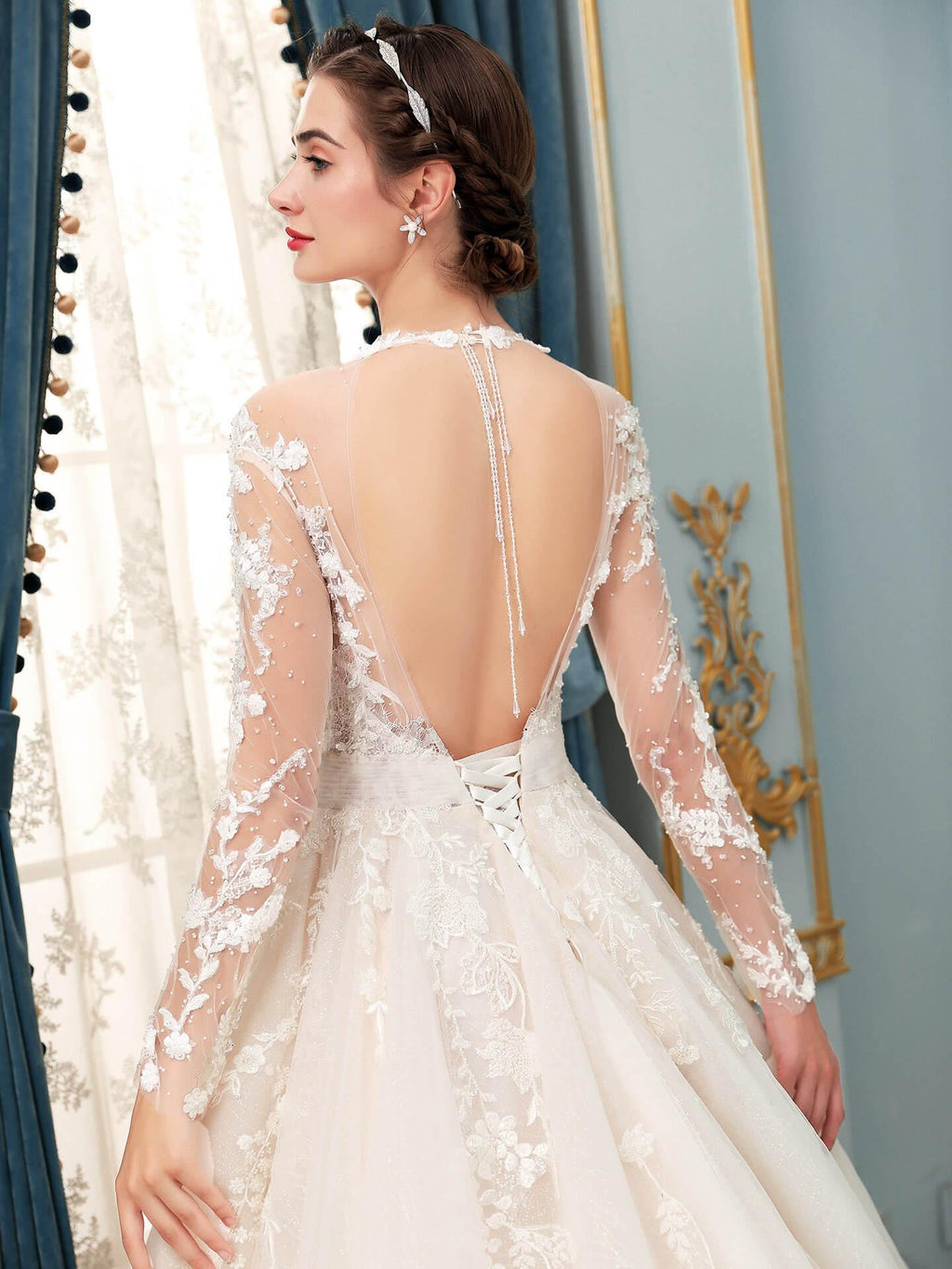 Vestidos de novia de tul con apliques de encaje y cuentas, lujosos, largos hasta el suelo, manga larga 