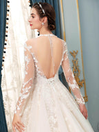 Vestidos de novia de tul con apliques de encaje y cuentas, lujosos, largos hasta el suelo, manga larga 
