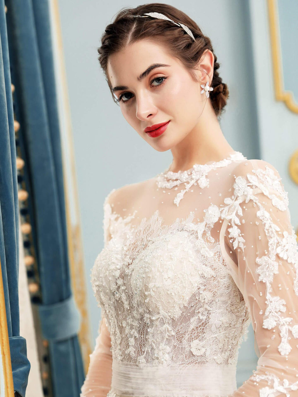 Vestidos de novia de tul con apliques de encaje y cuentas, lujosos, largos hasta el suelo, manga larga 