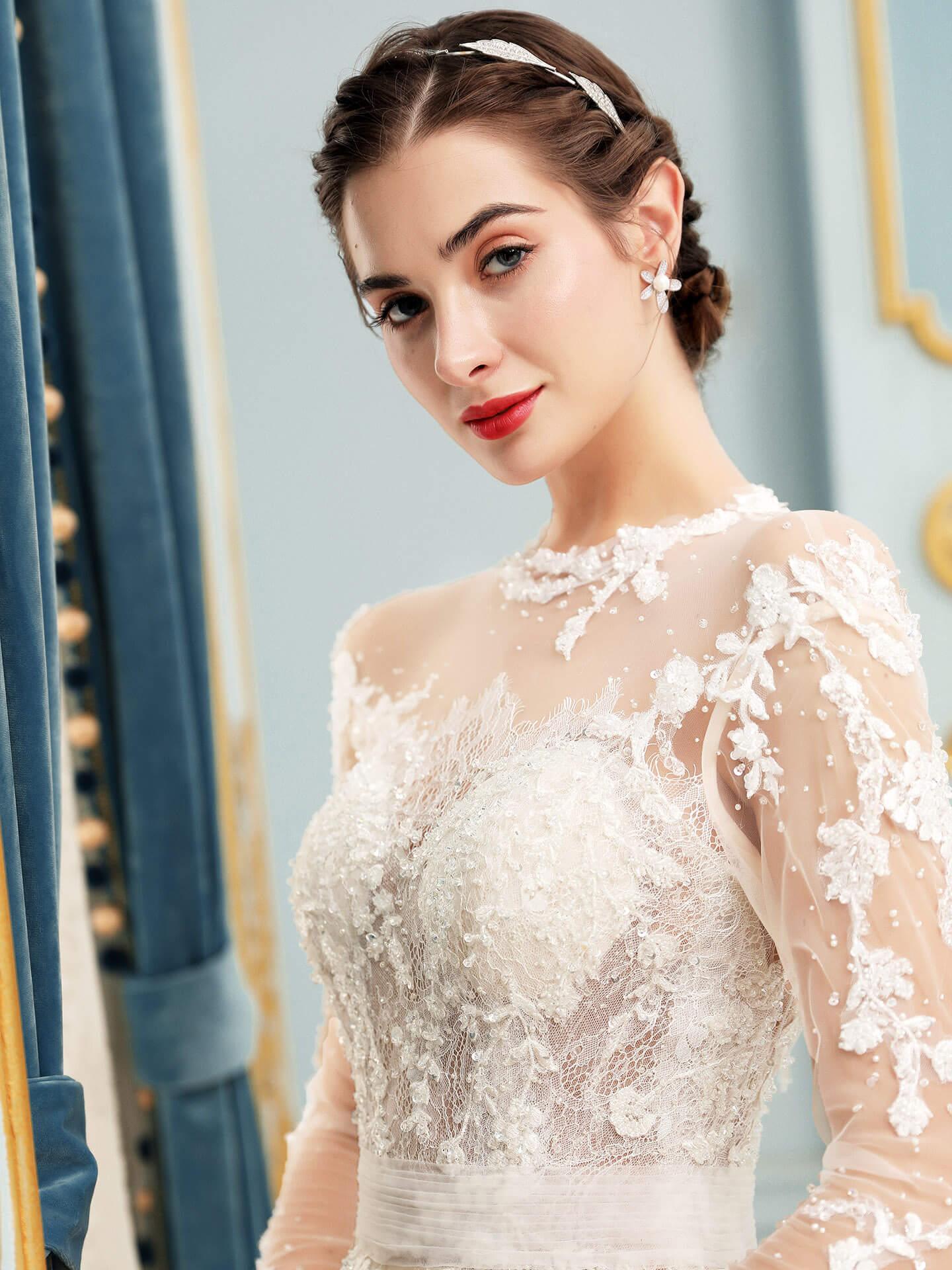 Vestidos de novia de tul con apliques de encaje y cuentas, lujosos, largos hasta el suelo, manga larga 