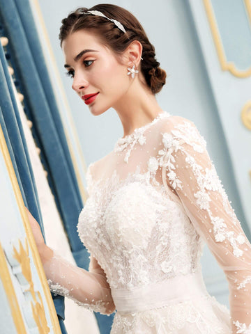 Robe de mariée trapèze en tulle et dentelle, luxueuse, avec appliques et perles, longueur au sol, manches longues 