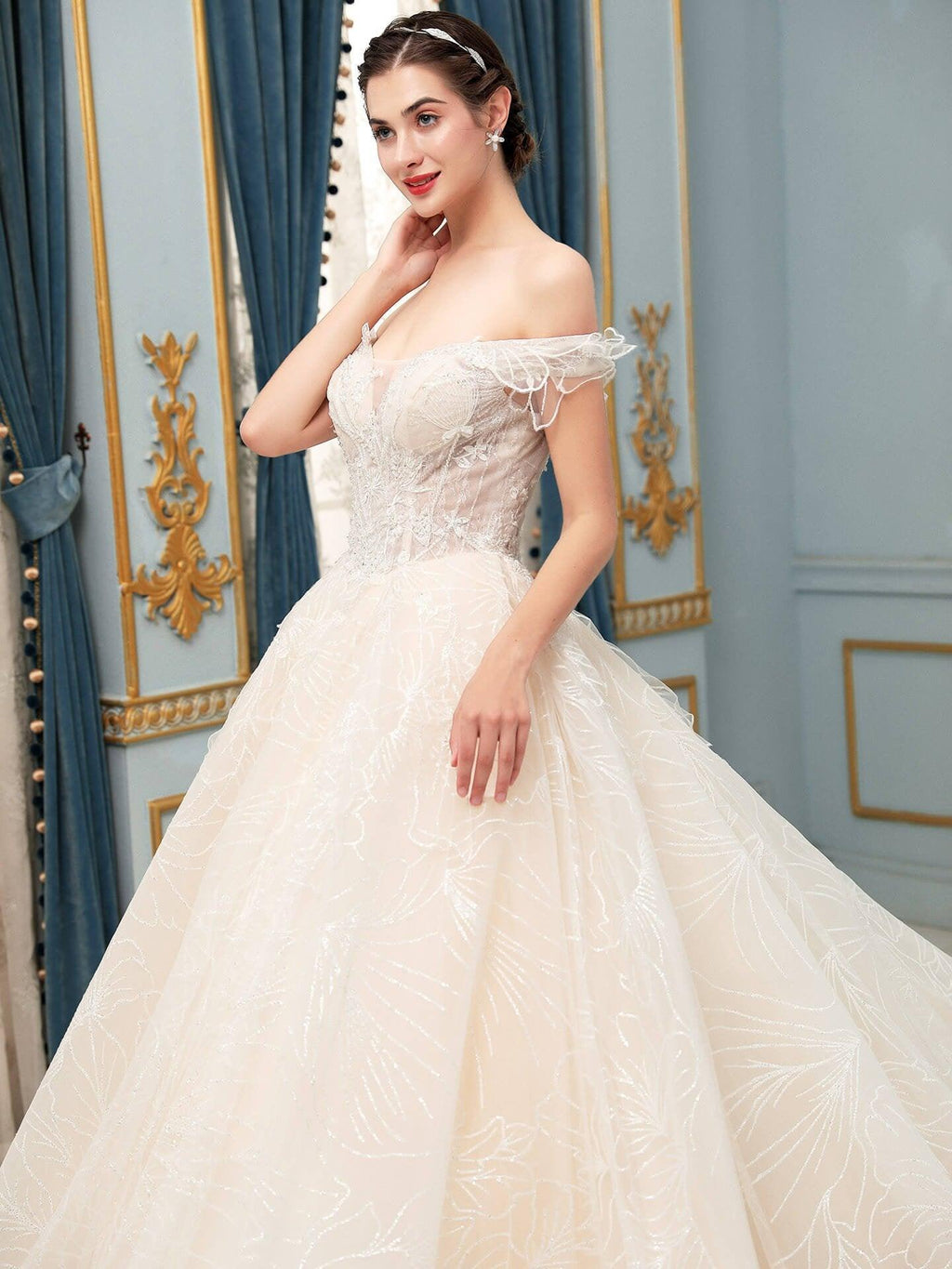 Vestidos de novia de estilo gala con cuentas, lujosos, hombros descubiertos, largo hasta el suelo, manga corta 