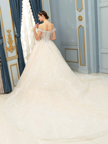 Ball Gown Wedding Dresses Beaded Luxurious Off Shoulder Floor Length Short Sleeve