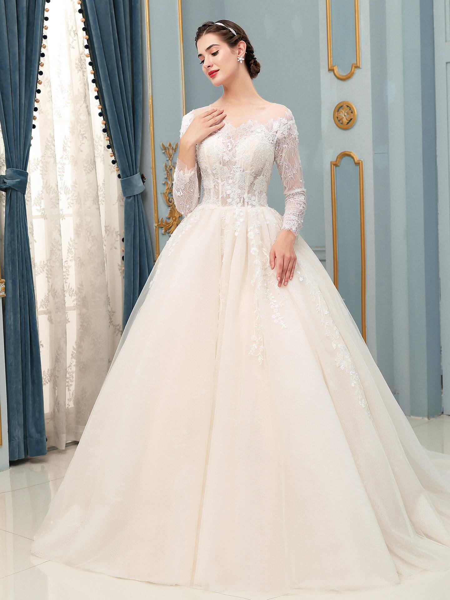 Robe de mariée longue sans manches en tulle et dentelle avec appliques 