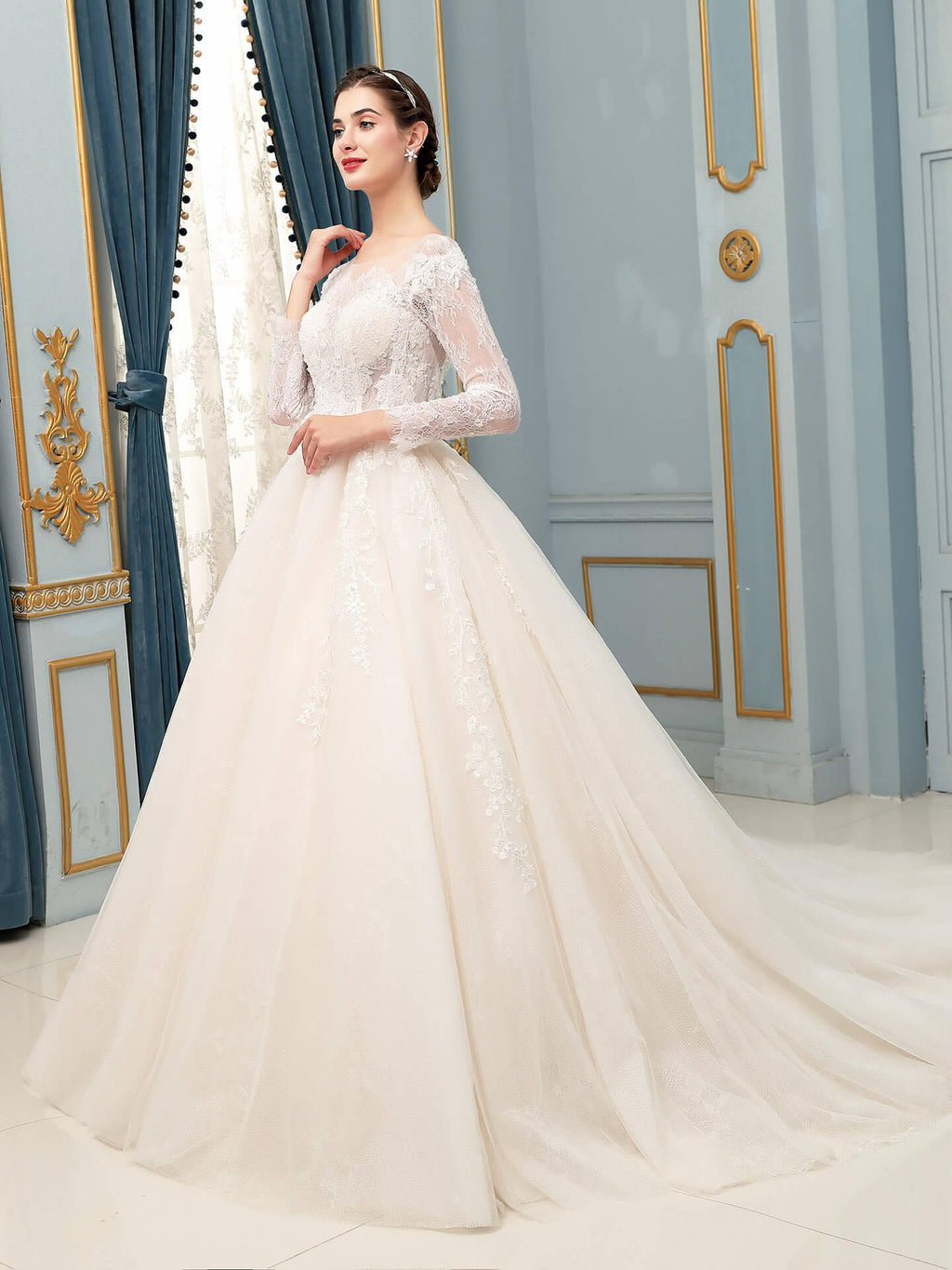Vestido de novia largo sin mangas con apliques de encaje de tul y hasta el suelo 
