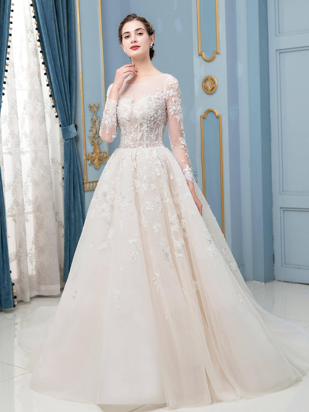 Vestido de novia largo sin mangas con apliques de encaje de tul y cuentas en forma de A hasta el suelo 
