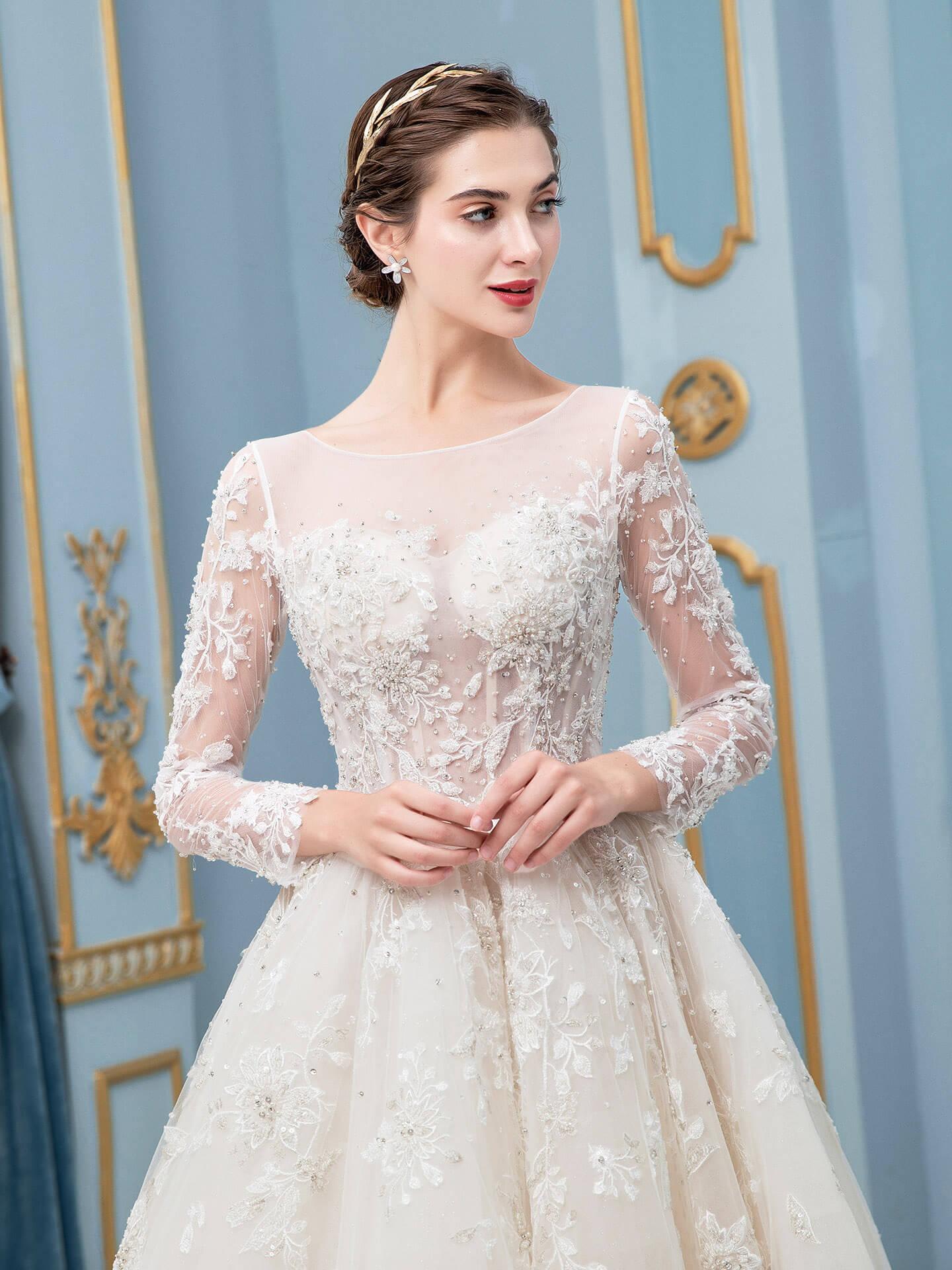 Vestido de novia largo sin mangas con apliques de encaje de tul y cuentas en forma de A hasta el suelo 