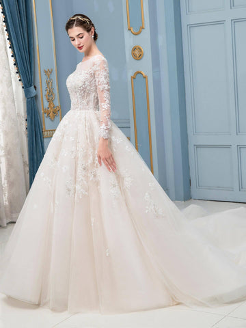 Robe de mariée trapèze en tulle, dentelle, appliques et perles, longue, sans manches, longueur au sol 