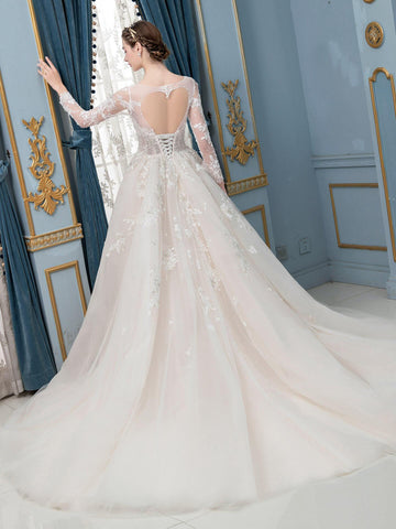 Robe de mariée trapèze en tulle, dentelle, appliques et perles, longue, sans manches, longueur au sol 