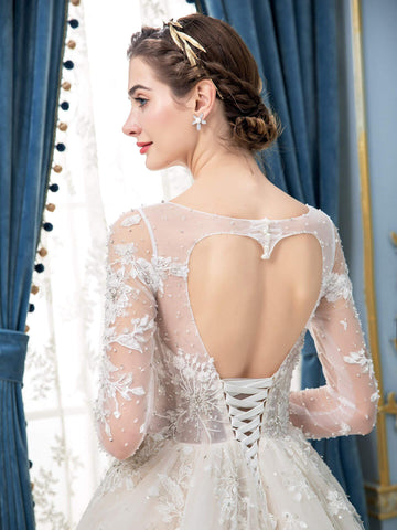 Robe de mariée trapèze en tulle, dentelle, appliques et perles, longue, sans manches, longueur au sol 