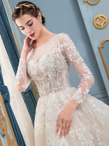 Robe de mariée trapèze en tulle, dentelle, appliques et perles, longue, sans manches, longueur au sol 