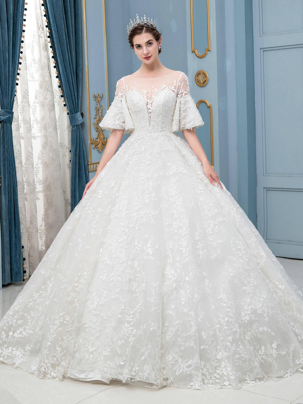 Robe de mariée longue en dentelle et perles, sans manches, longueur au sol 