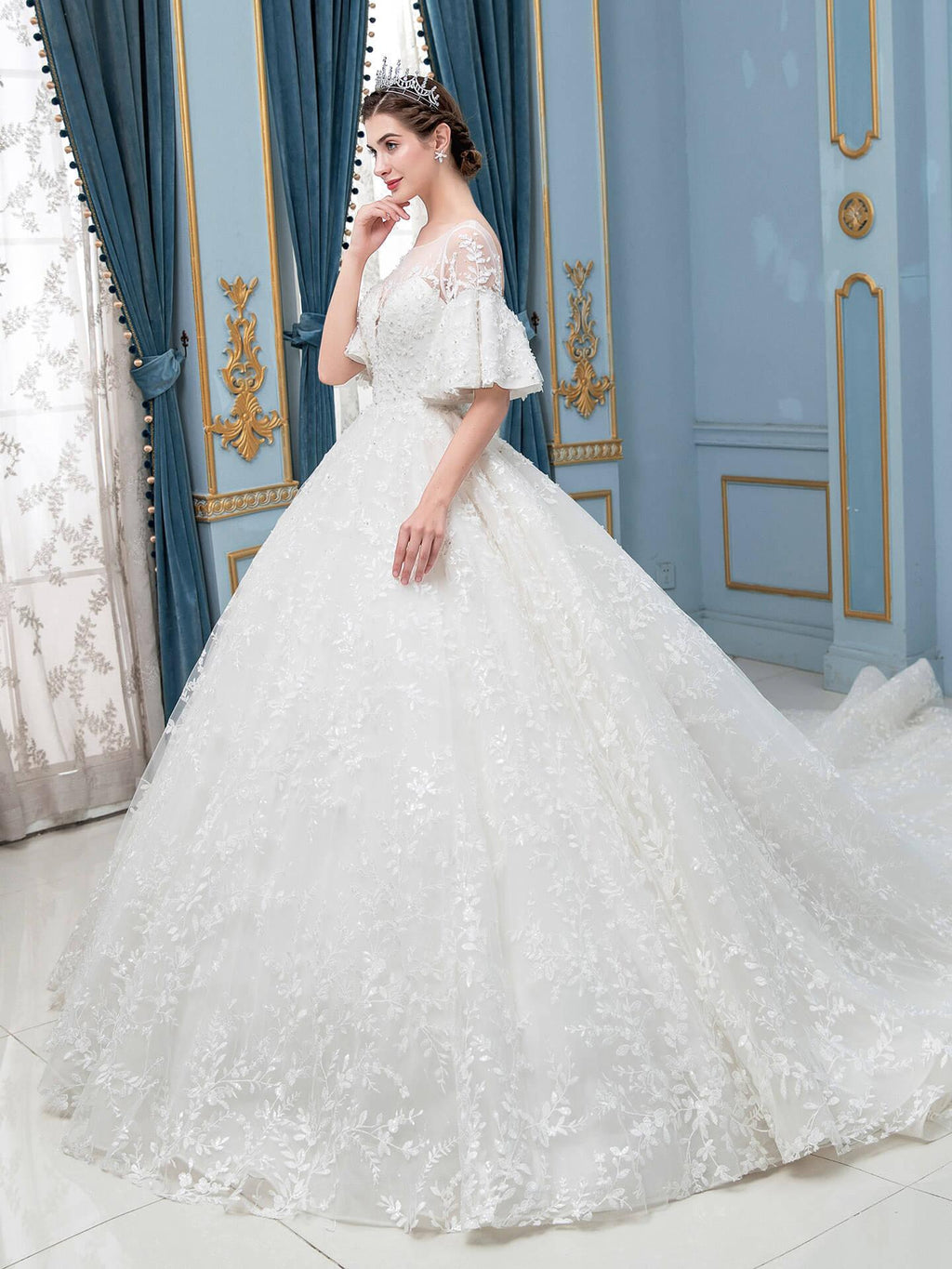 Robe de mariée longue en dentelle et perles, sans manches, longueur au sol 