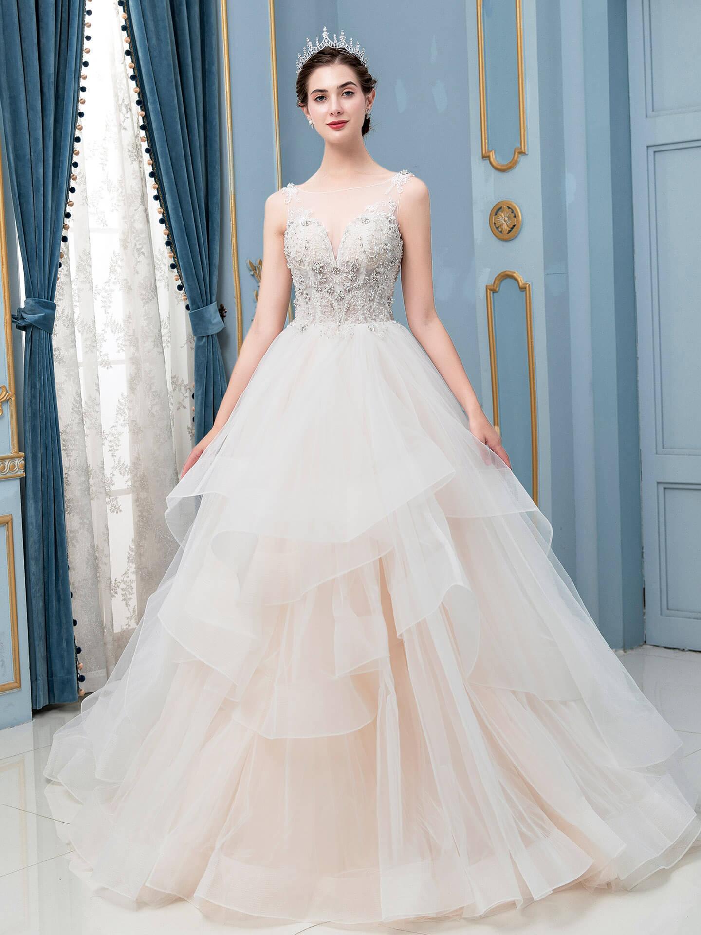 Vestidos de novia de tul con cuentas, escote en V, corte A, sin mangas, largo hasta el suelo 