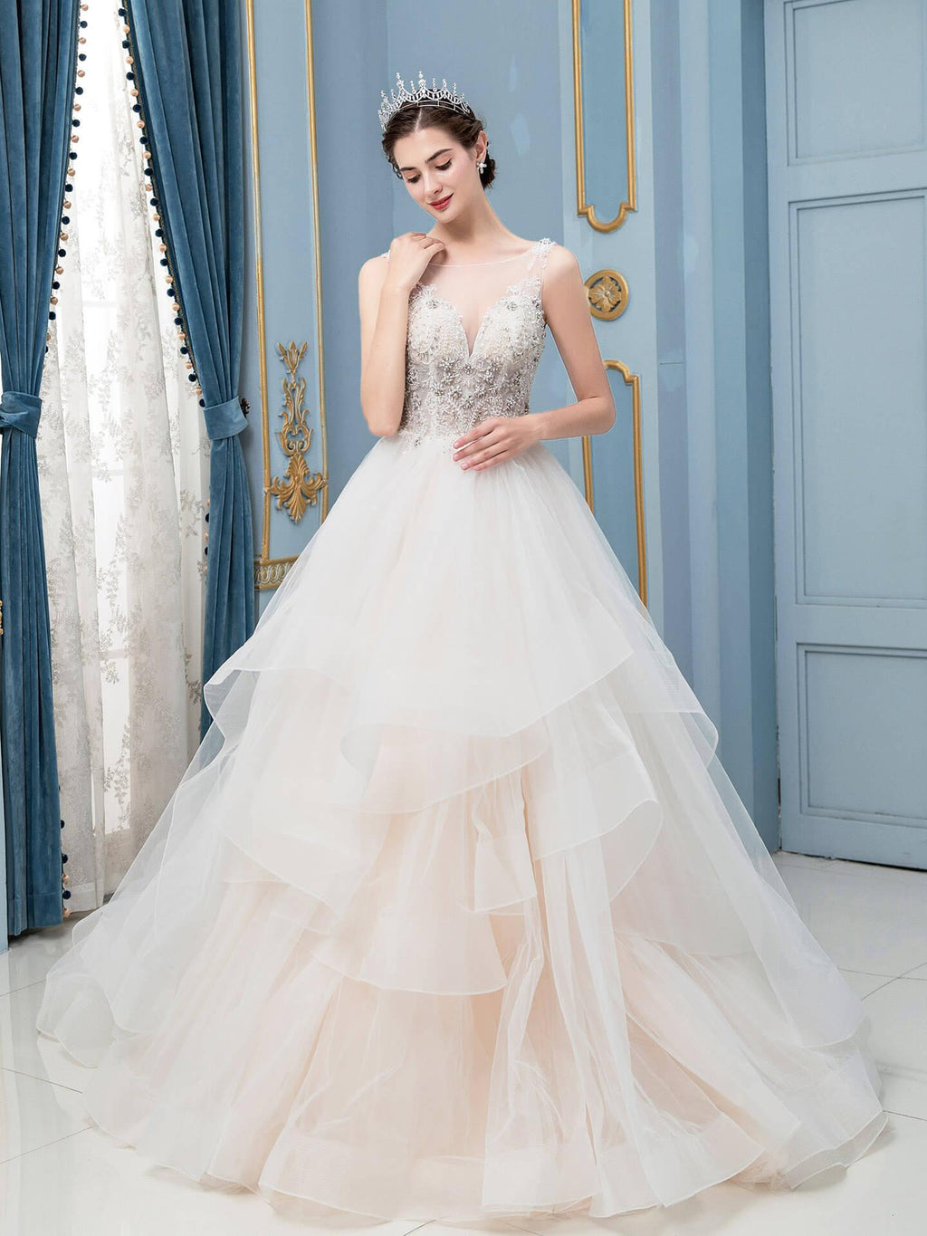 Vestidos de novia de tul con cuentas, escote en V, corte A, sin mangas, largo hasta el suelo 