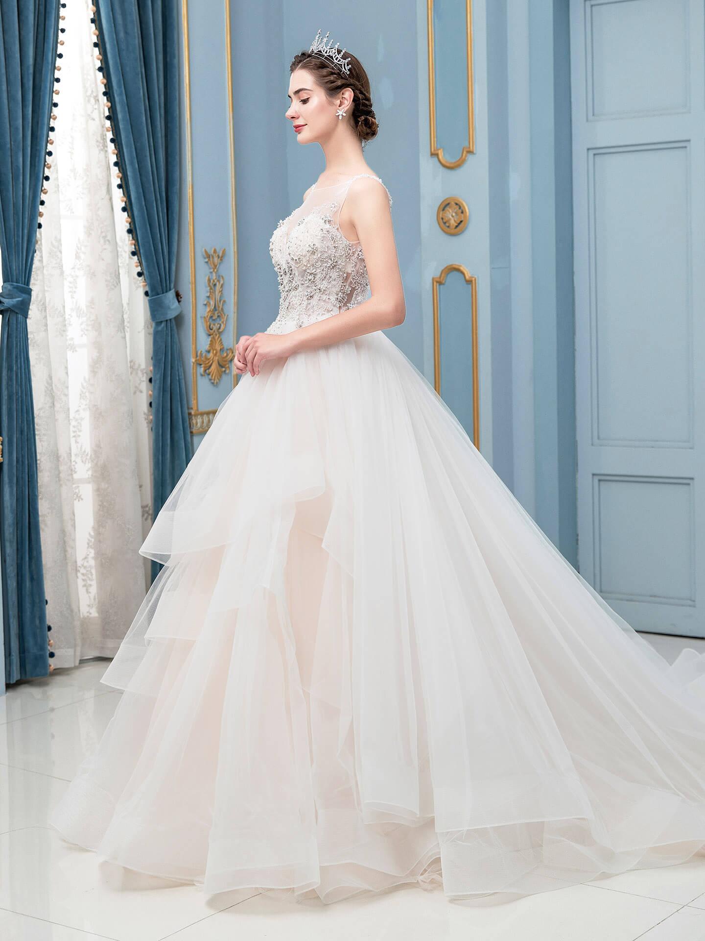 Vestidos de novia de tul con cuentas, escote en V, corte A, sin mangas, largo hasta el suelo 