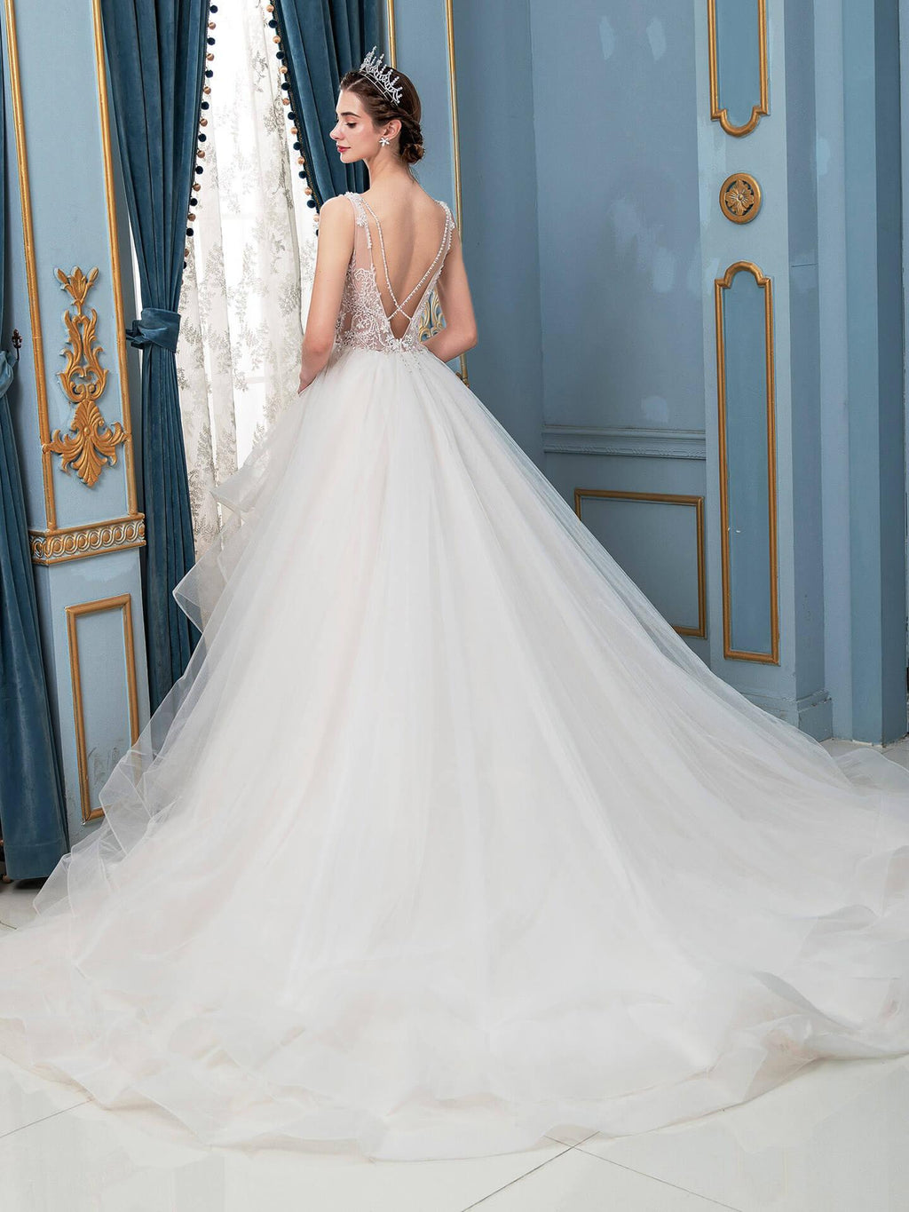 Vestidos de novia de tul con cuentas, escote en V, corte A, sin mangas, largo hasta el suelo 