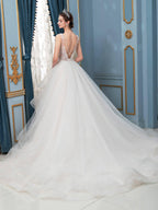Vestidos de novia de tul con cuentas, escote en V, corte A, sin mangas, largo hasta el suelo 