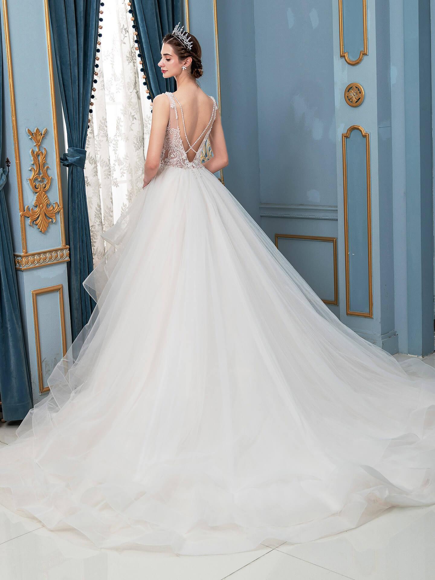 Vestidos de novia de tul con cuentas, escote en V, corte A, sin mangas, largo hasta el suelo 