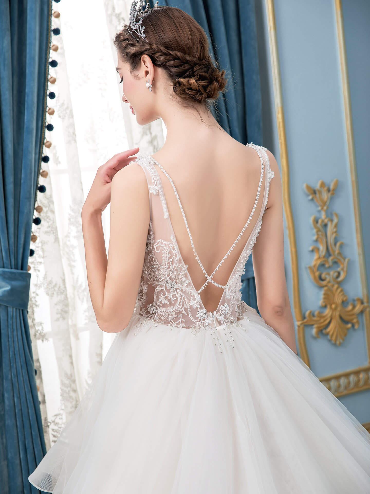 Vestidos de novia de tul con cuentas, escote en V, corte A, sin mangas, largo hasta el suelo 