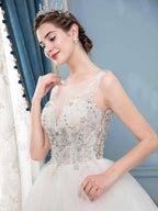 Vestidos de novia de tul con cuentas, escote en V, corte A, sin mangas, largo hasta el suelo 