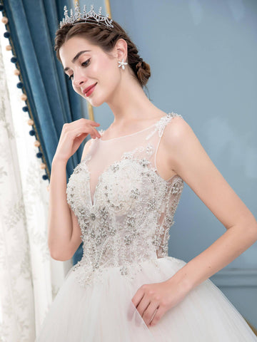 Robe de mariée trapèze en tulle, col en V, perles, sans manches, longueur au sol 