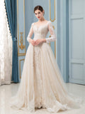 Vestido de novia de corte A/sirena con encaje, cuentas y escote en V, manga larga, largo hasta el suelo 