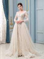 Vestido de novia de corte A/sirena con encaje, cuentas y escote en V, manga larga, largo hasta el suelo 